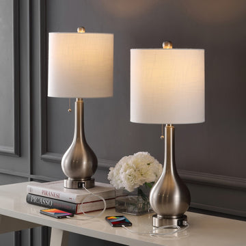 Tyler 24" Modern Classic Gourd Iron LED Table Lamp with Pull-Chain with Dual USB Charging Port - JONATHAN Y